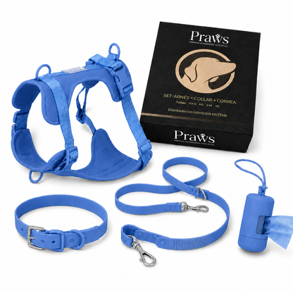 Kit Paseo Praws: arnés, correa, collar, dispensador y caja regalo