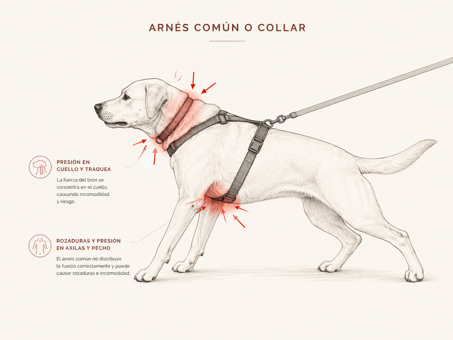 Arnés común o collar: la fuerza se concentra en cuello y tráquea