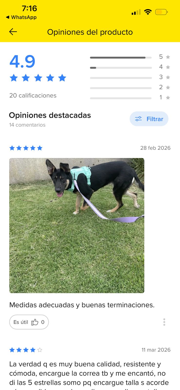 Pantalla de calificaciones en Mercado Libre: 4.9 estrellas con 20 calificaciones